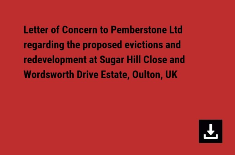 Letter of Concern to Pemberstone Ltd regarding the proposed evictions and redevelopment at Sugar Hill Close and Wordsworth Drive Estate, Oulton, UK